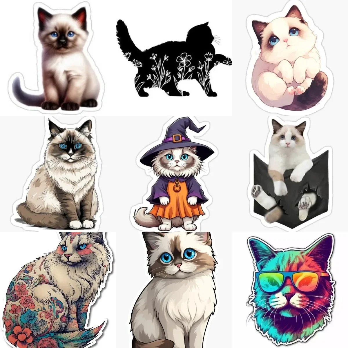 

Creative Cute Ragdoll Cat Pets Catoon PVC Sticker for Decorate Fridge Wall Car Truck Bicycle Window Helmet Decal Accessories