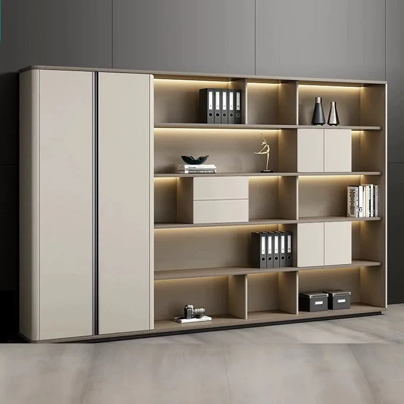 High-grade Wood Grain Texture Floor-to-ceiling Filing Cabinet Office Background Bookcase Light Strip Display