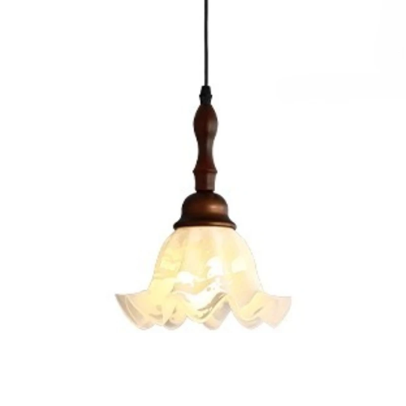 الفرنسية الأبيض ندفة الثلج نمط زهرة شكل الزجاج قلادة LED أضواء غرفة المعيشة غرفة نوم مطعم المطبخ مصابيح معلقة خشبية #4