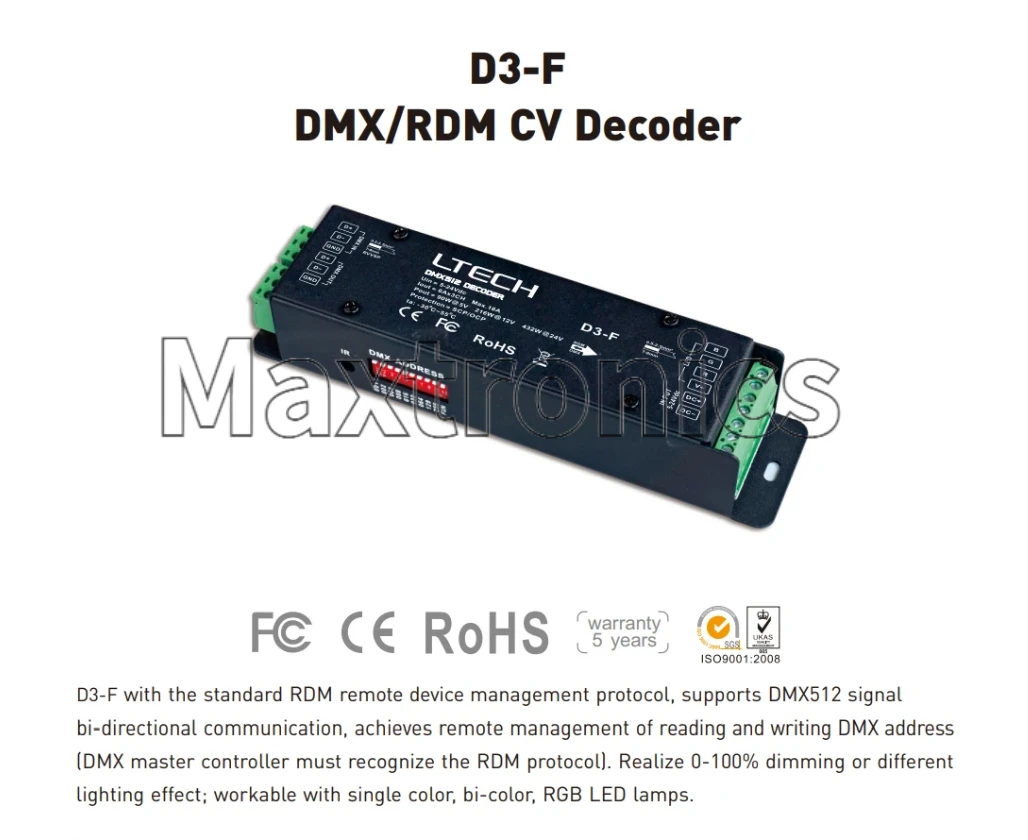 Dekoder DMX/RDM Tegangan Konstan 3/4 Saluran NEW LTECH D4-F/ D3-F DC12V 24V untuk Lampu Strip LED/Modul RGB RGBW Satu Warna