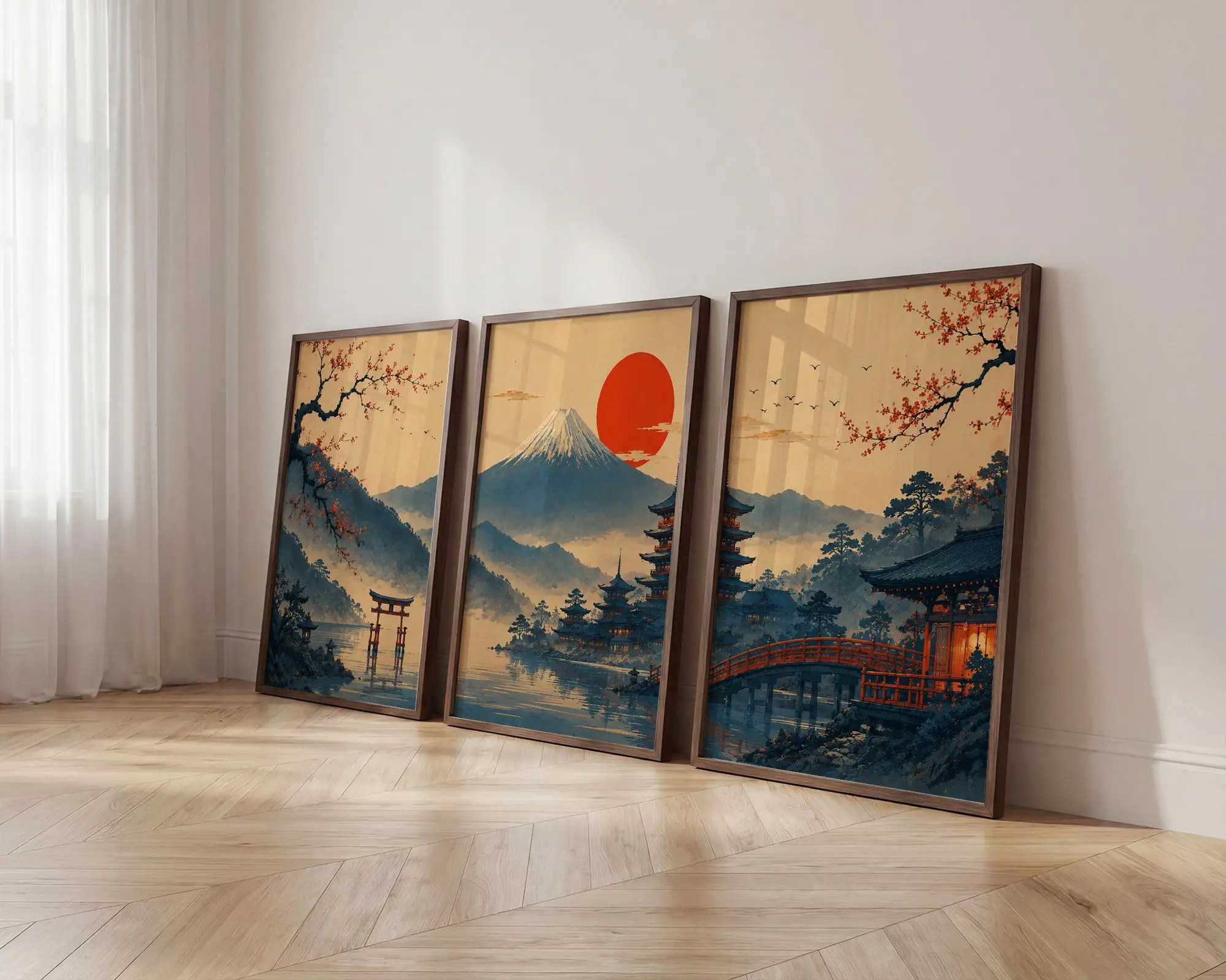 Japanisches Wandkunst-Set mit 3 Bildern, Mount Fuji Torii Gate Pagoden-Drucke, Vintage Ukiyo-e Poster, Kirschblüten-Dekor, Asiatisch Inspiriertes Geschenk – Detail 4