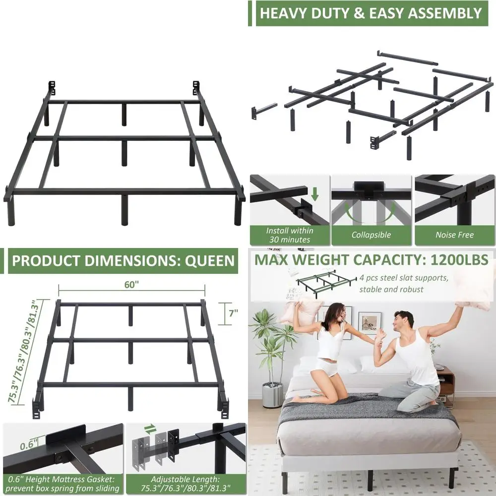 

7-дюймовая усиленная металлическая кровать-платформа Queen-size - низкий профиль, простая сборка, бесшумная, регулируемая, черная