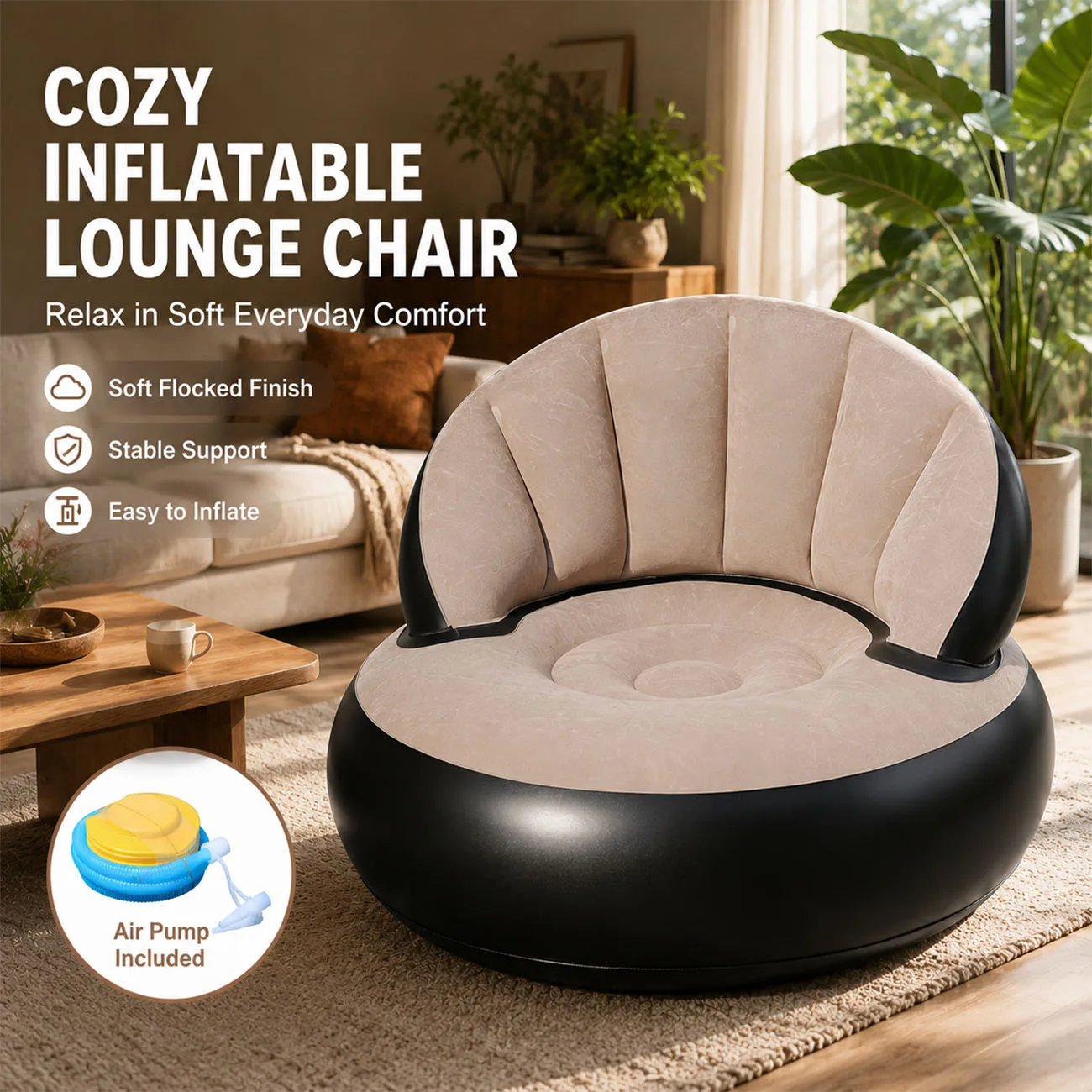 Inflatable Chair for Adults, Flocking Comfortable Lounge Chair, Ergonomic Portable Blow Up Couch for Family Gatherings, Party