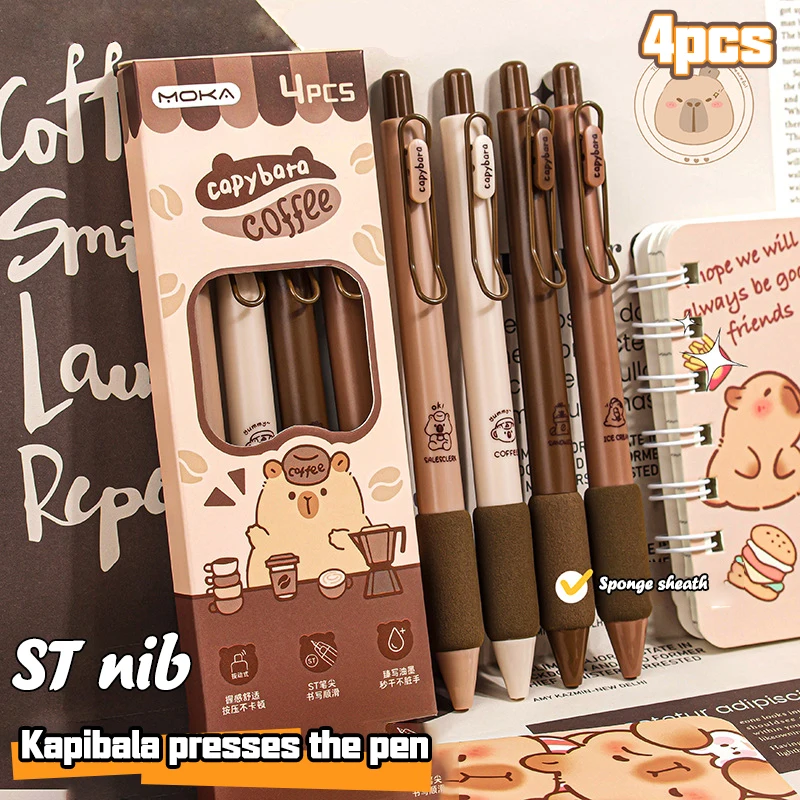 4 Stuks Schattige Cartoon Capibala Persen Pen Schoolbenodigdheden Esthetische Briefpapier Kawaii Gel Pennen Set Sneldrogende Balpen