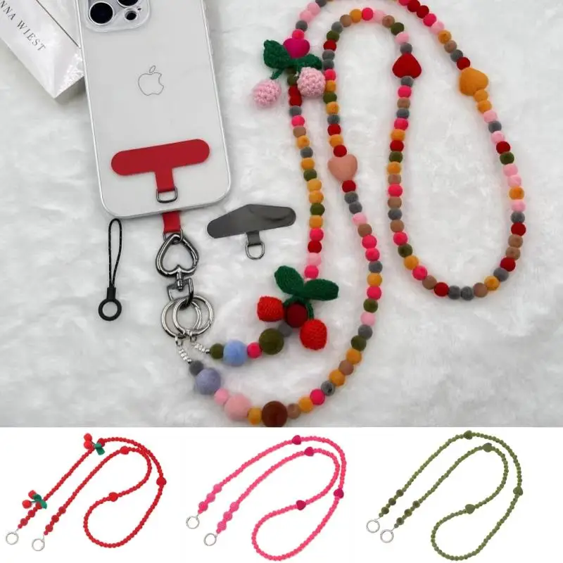 

Long Mobile Phone Lanyard Plush Cherry Beaded Crossbody Chain Strap Hand-beaded Lanyard Women‘s Anti-lost Sling Belt Bag Rope