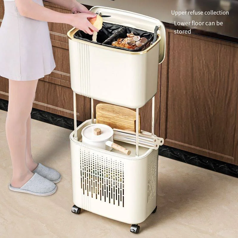 Household Kitchen Multifunctional Shelf Multilayer with Cover with Wheels Movable Classified Large-Capacity Trash Can Shelves