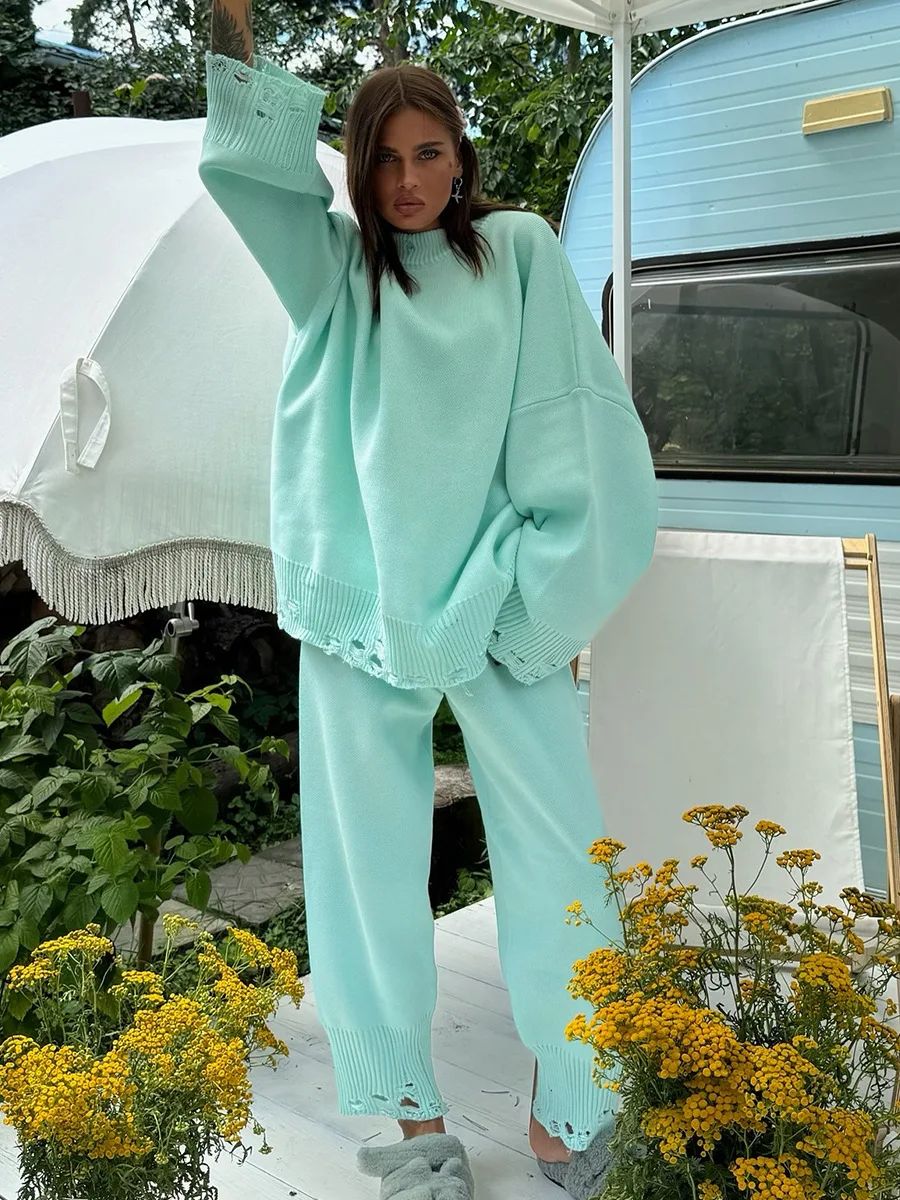 Wolfeel Herbst Winter frauen Neue Rollkragen Stricken Pullover Dünne Stricken Hosen Set Weiche Übergroßen Zerrissene Saum Mode Pullover