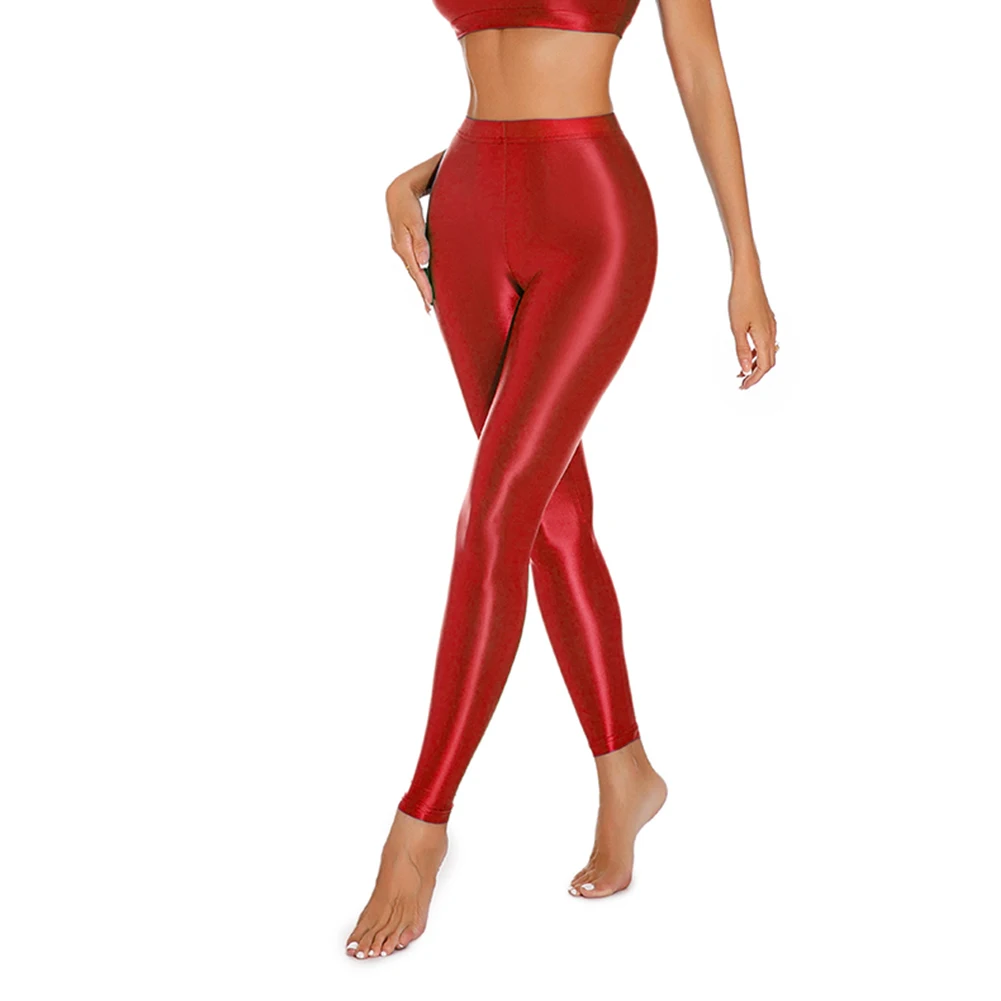 Womens Satin Glossy Stretchy Shiny Wet Look Leggings Dancing Lingerie Yoga Pants See Through Ladies Slim Fitting Sensual Tights