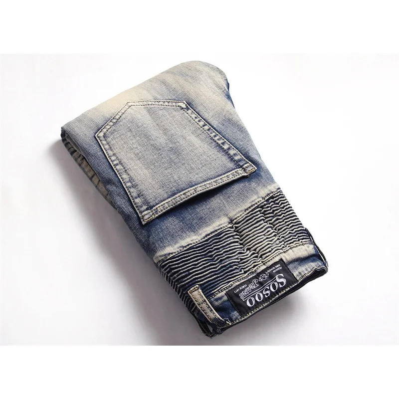 

Pleated Vintage Motorcycle Jeans Men's Scratch Stitching Zipper Pocket Fashion Trendy Street Washed Distressed Trousers