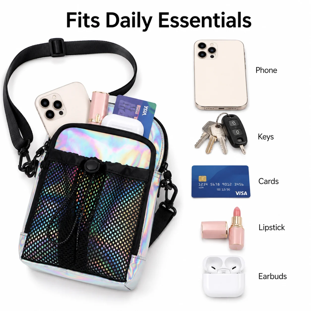 Holographic Mini Crossbody Bag for Women, Small Phone Bag with Mesh Pocket Adjustable Strap for Travel Festival Everyday Carry