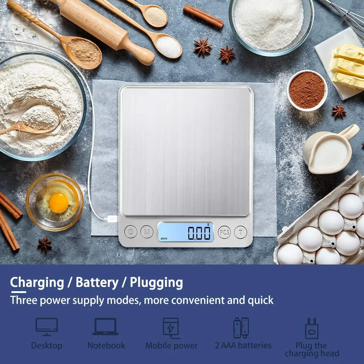 Digital Kitchen Scale 3000g/ 0.1g USB Charging with 2 Trays  Mini Jewelry Pocket Scale with LCD Display Digital Food Scales