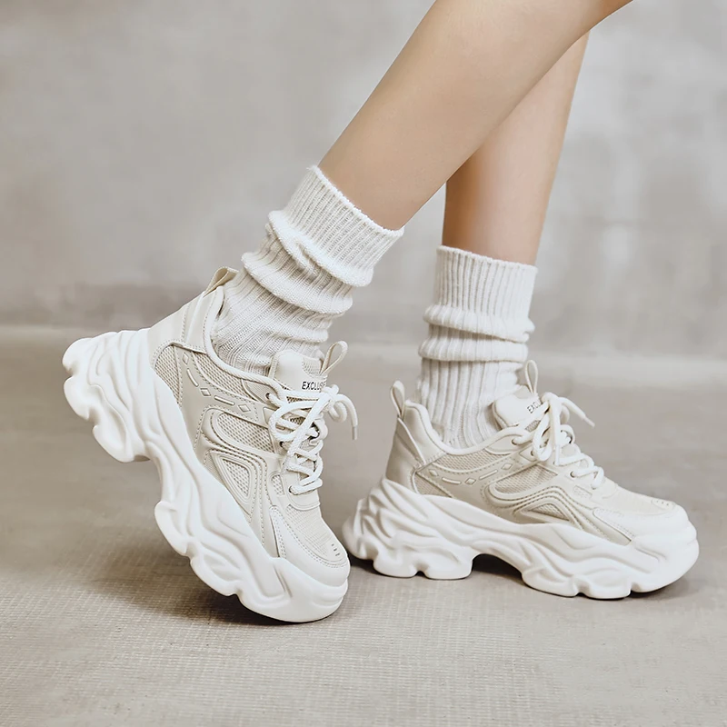 Chunky Heels Women\'s Sneakers 2024 Lace-Up Platform Vulcanized Shoes Female Breathable Thick Bottom Casual Walking Shoes Woman