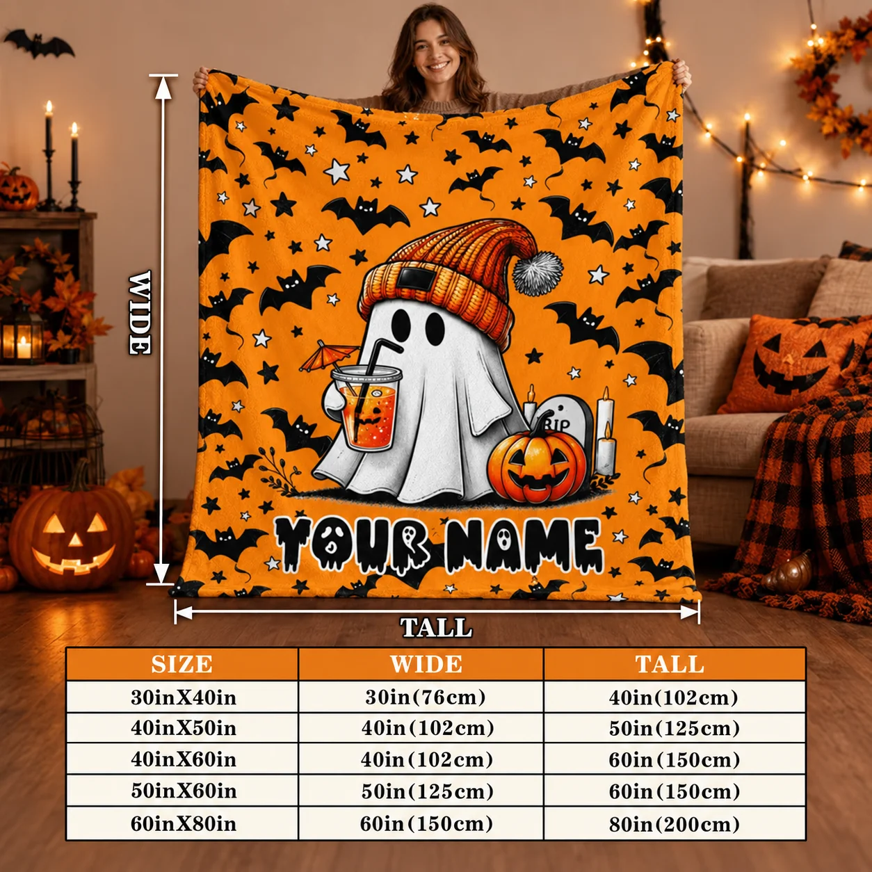 1PC Custom Name Halloween Flannel Blanket Ghost Pumpkin Bat Star 2D Print Soft Warm Throw Sofa Bed Travel Camping Fall Home Gift