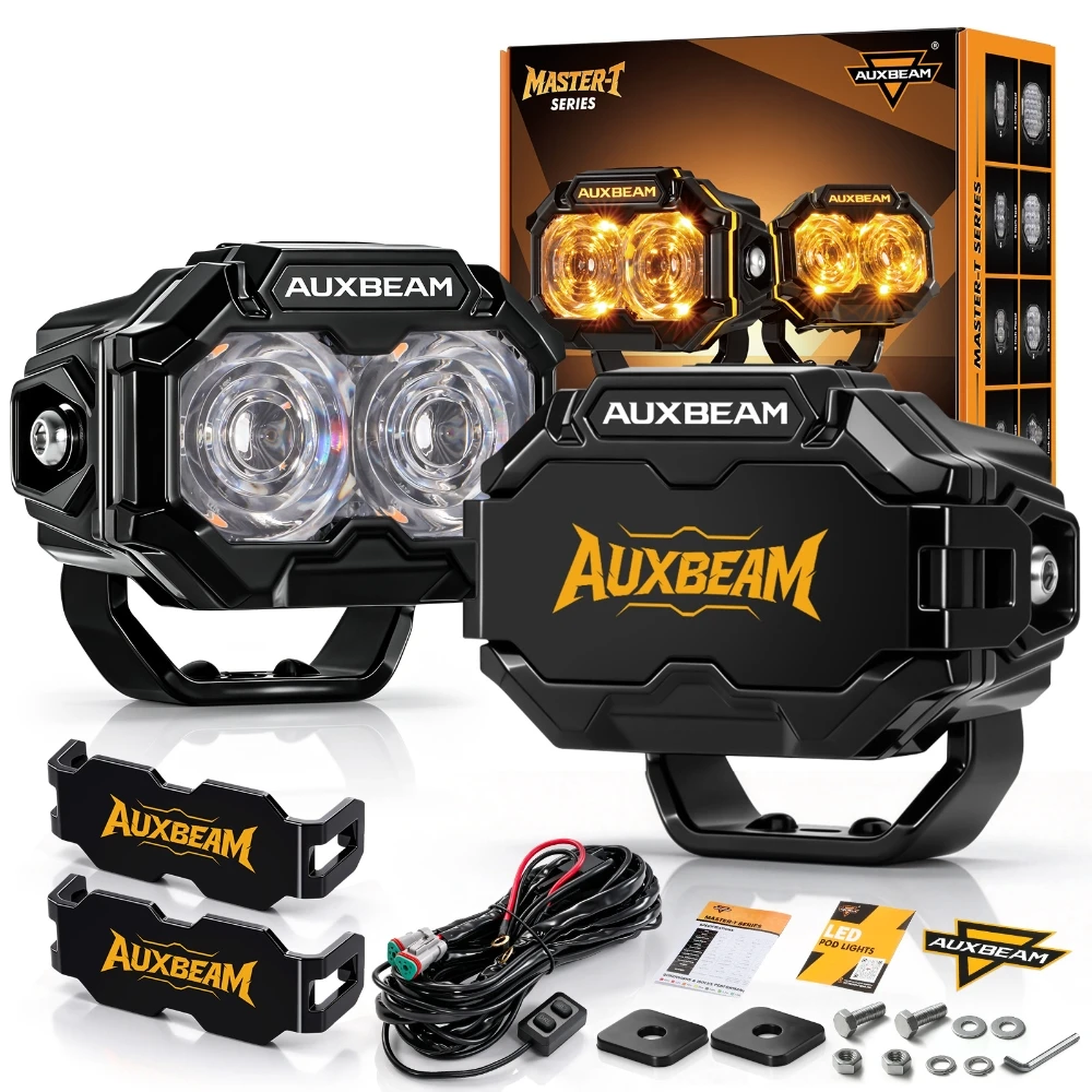 AUXBEAM MASTER-T Series 3/5 inch Rectangle LED Pod Lights TIR LENs with Amber Backlight Ring, Spot / Flood Beam Driving Lamp