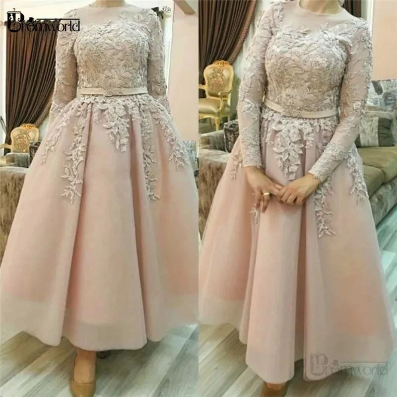 Light Pink High Quality Evening Dresses O-Neck Full Sleeves A-Line Applique Prom Dress Vestidos De Gala Long Formal Evening Gown