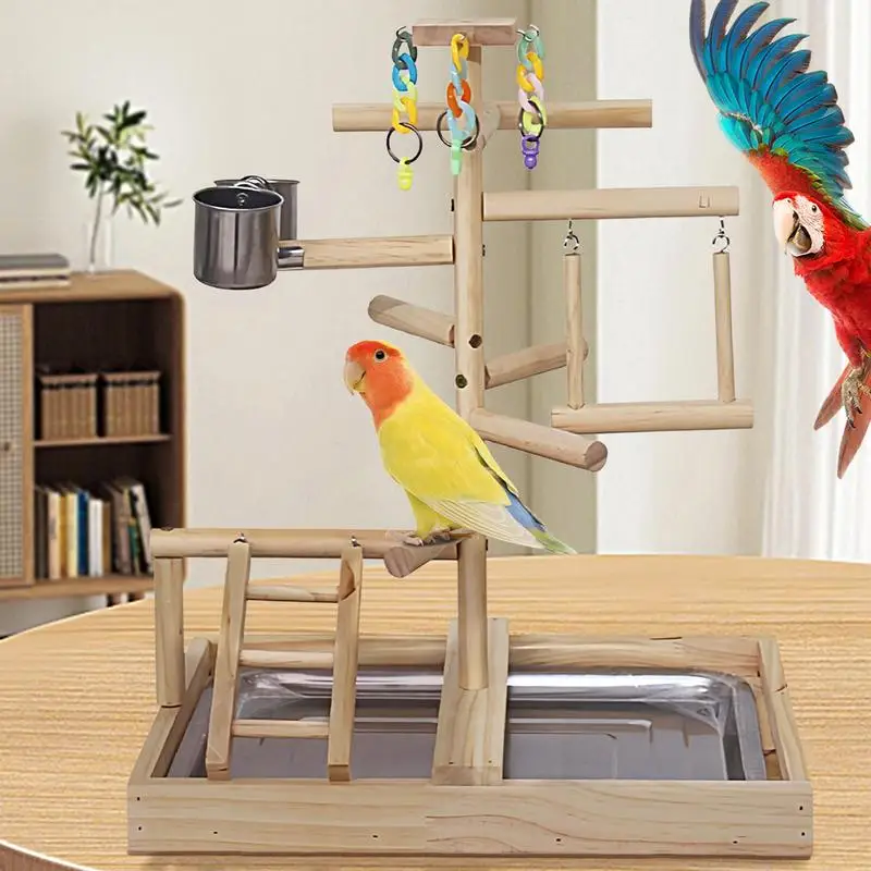 Parakeet Playground Inside Cage Small Bird Stand Wooden Bird Activity Stairs Standing Pole Swing Toy For Lovebird Cockatiel