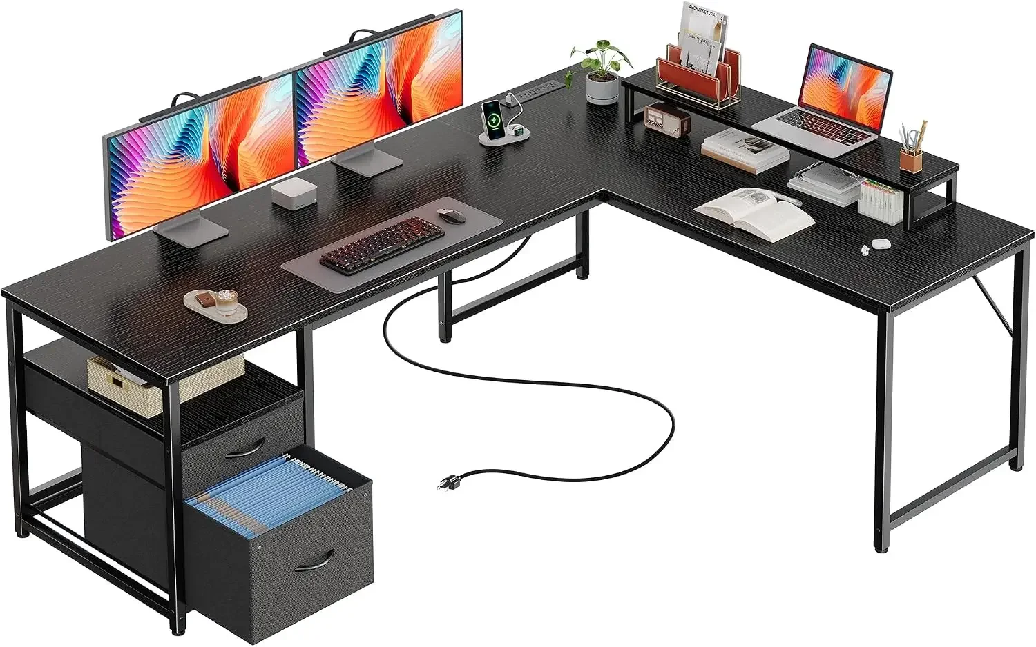 L Shaped Desk 63 Inch For Home Office Gaming Writing Work With Power Outlets USB C Port File Drawers Monitor Stand