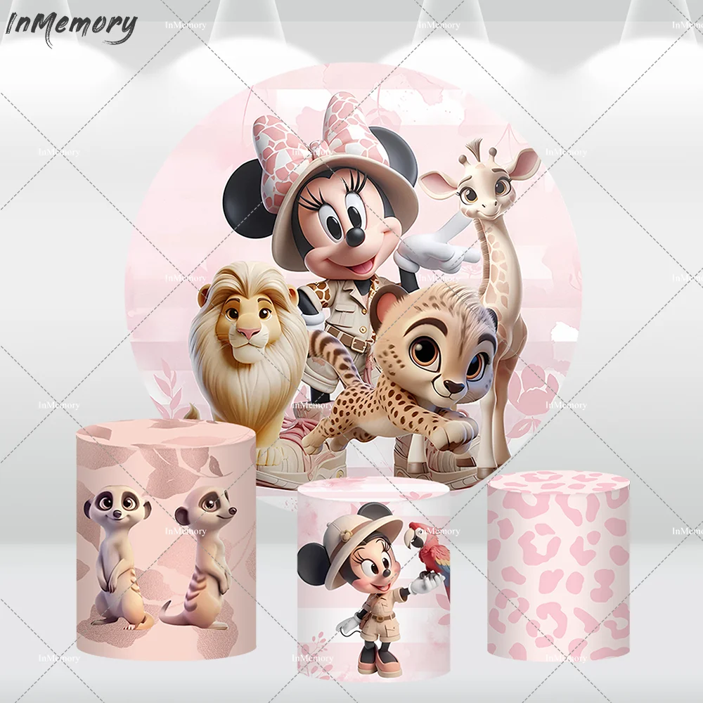 

Pink Minnie Mouse Safari Party Round Backdrop Cover Cartoon Animals Giraffe Lion Baby Shower Girls Background Photography Banner