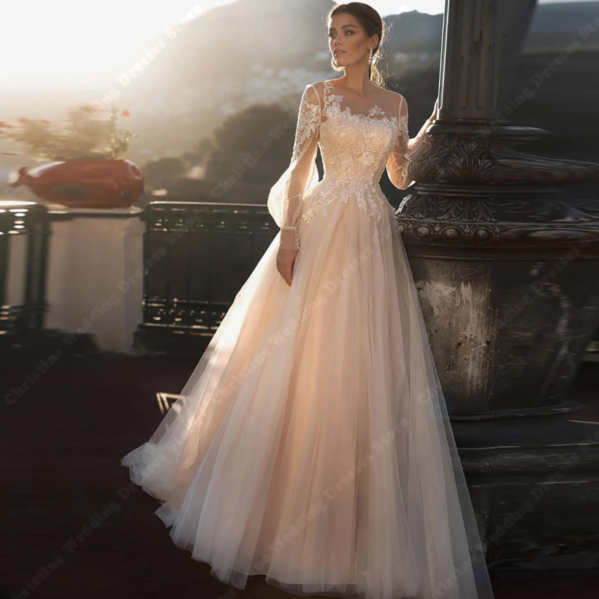 Abiti da sposa in pizzo scintillante nobile 2024 Appliques girocollo a-line abiti da sposa nuove maniche lunghe abito da sposa principessa senza schienale