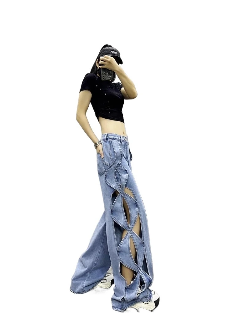 Lalies Denim Pants Fashion Streetwear Y2k Hollow Out Jeans Women High Waist Wide Leg Blue Denim Trousers Elegant Party Jean2025