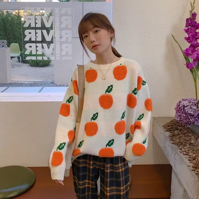 DAYIFUN-Orange Embroidery Sweater for Women Long Sleeve Loose Contrast Color Jumpers Autumn Female Fashion Turtlen Loose Jumpers