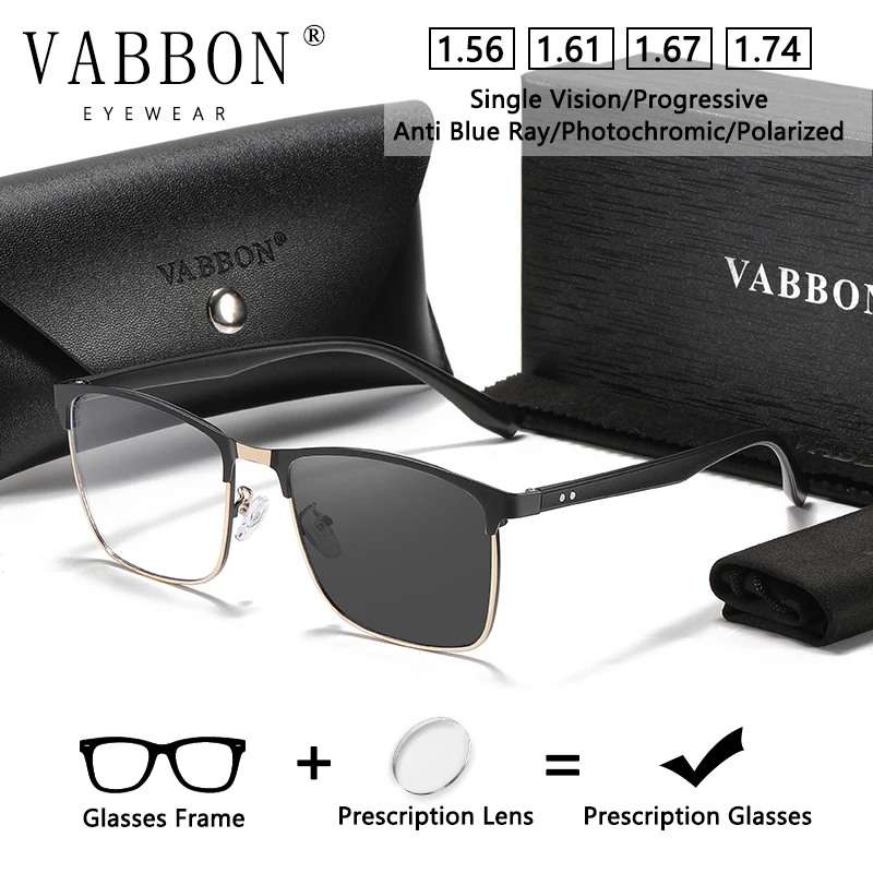 

Vabbon High Quality Men Anti-Blue Myopia Glasses Customizable Prescription Glasses Anti-Fatigue Flat Mirror Metal Frame Photochromic Glasses 9451