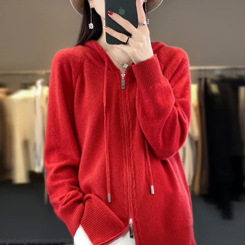 2024 New Cashmere Sweater Women Hooded cardigan Fashion Loose Casual Zipper Cashmere Sweater Women Coat