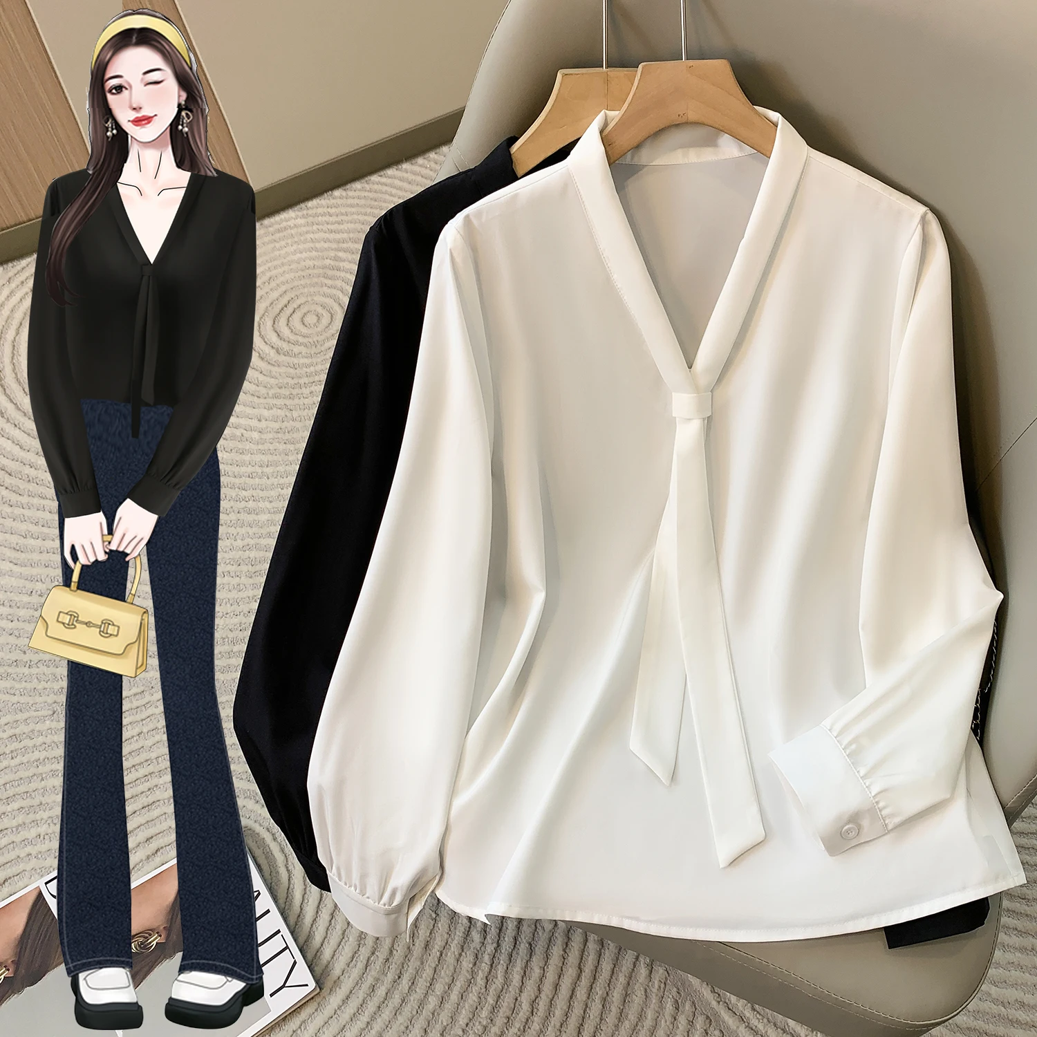 حجم كبير قميص شيفون بلوزة المرأة ربيع 2025 جديد طويل الأكمام سيدة مكتب أسود أو أبيض قميص المرأة حجم كبير L-4XL