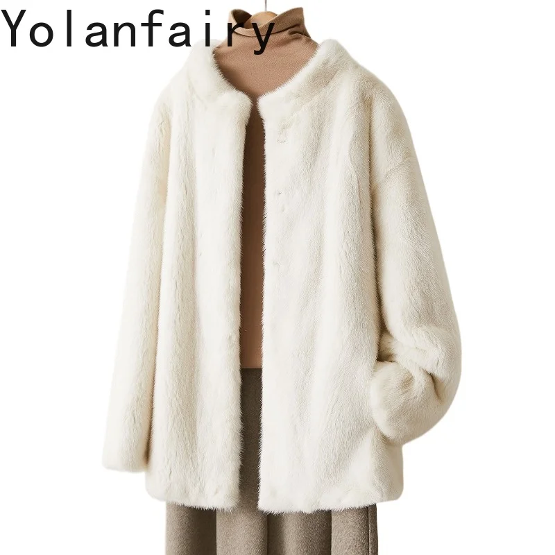 معطف فرو طبيعي للنساء من YOLANFAIRY لفصلي الخريف والشتاء، جاكيت من فرو المنك الأصلي بياقة عالية، معاطف فرو حقيقي للسيدات
