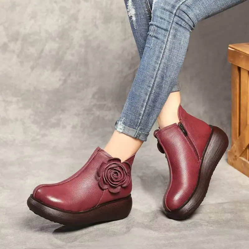

Women's Autumn Winter Genuine Leather Wedges Ankle Boots Ethnic Style Thick Sole Round Toe Short Plush Warm Zippers Cotton Boots