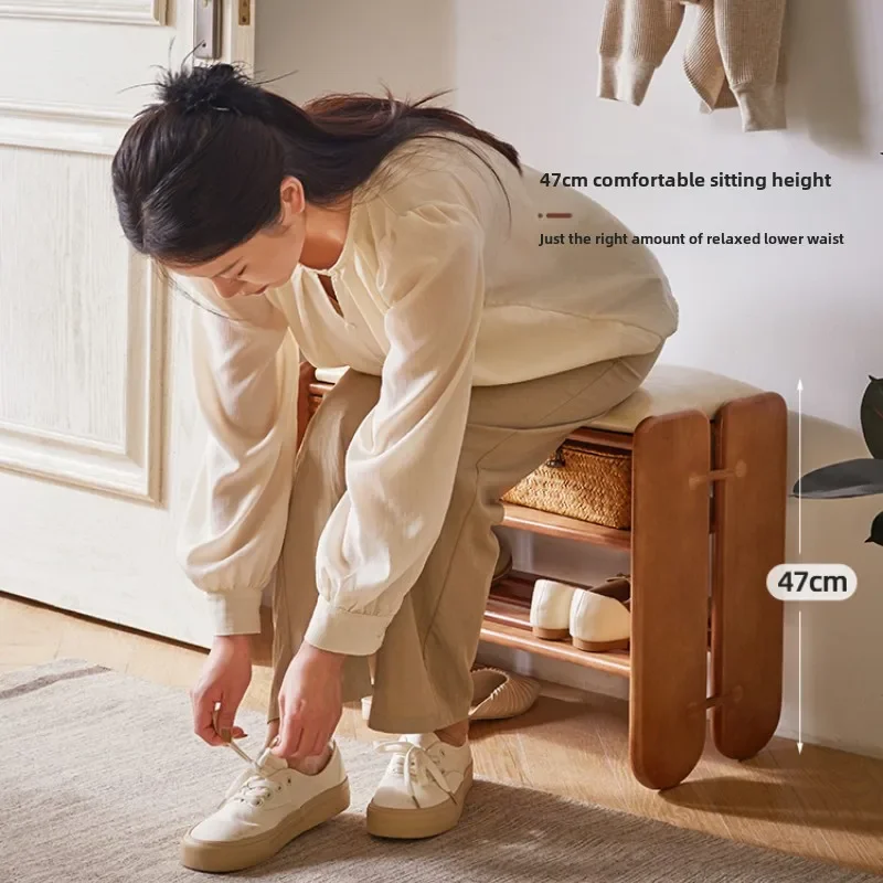 Solid Wood Shoe Changing Stool 2 Layers Entrance Seatable Shoe Cabinet High Elasticity Soft Bag Bench Hallway Modern Furniture