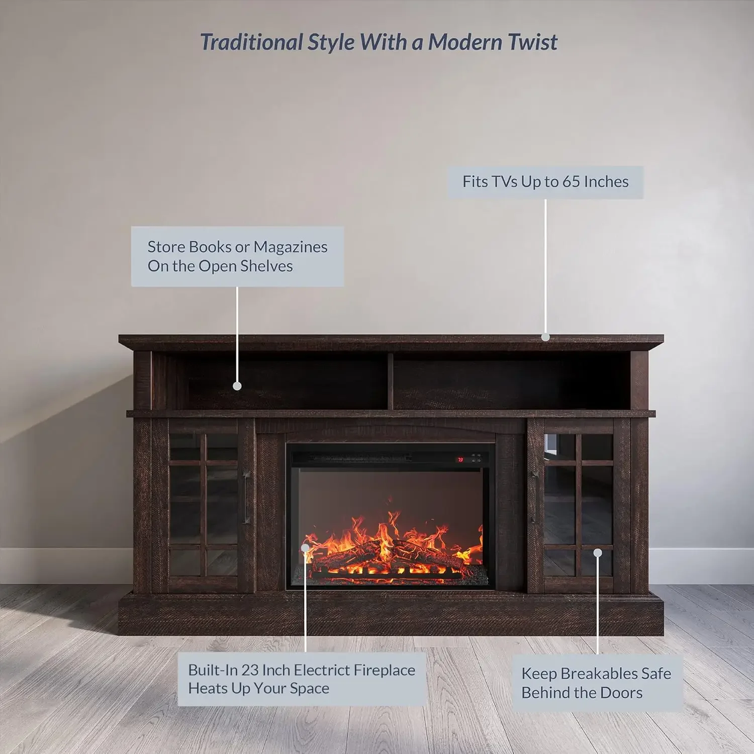 Traditional 58" Rustic TV Stand with 23" Electric Fireplace Heater with Sound, Media Entertainment Center Console Table image 5