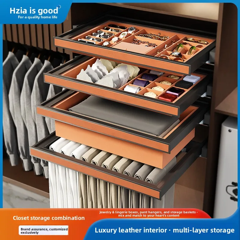 pump built-in pants rack, drawer type pull basket, multi-functional storage damping slide rail, leather pull jewelry box