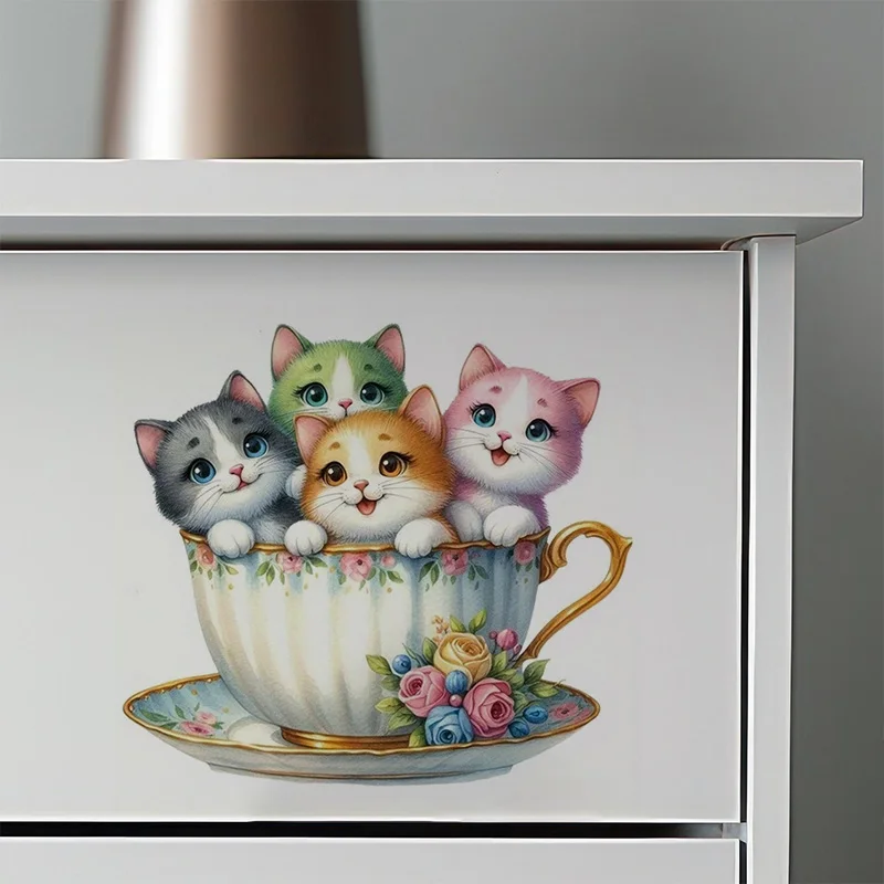 

MT1406# Cat in a Teacup Art Sticker Durable Material, Ideal for Toilet，Home Wall Decor, Aesthetic Room Decoration