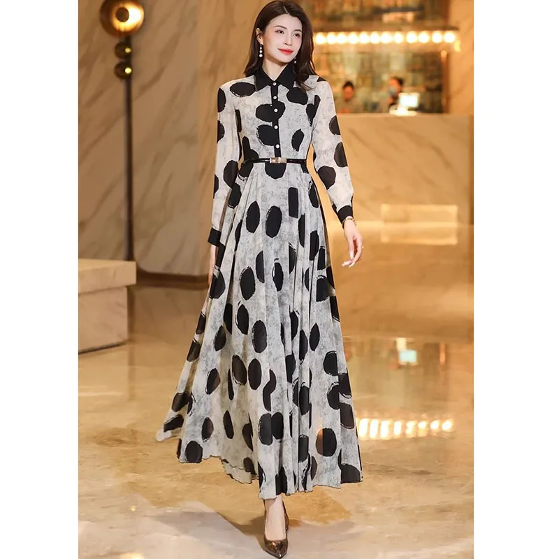 

﻿ 2024 New Spring/Summer Chiffon Long Sleeves Polka Dot Dress Women's Long Ankle Length Slim Flip Neck Dress With Belt 4XL Print