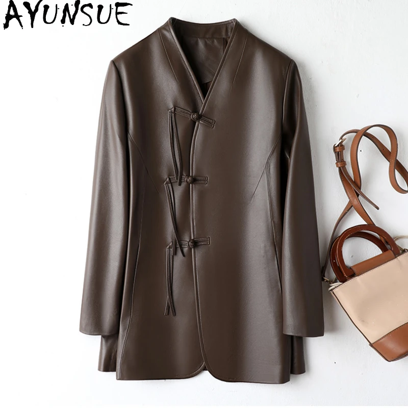 AYUNSUE Genuine Sheepskin Leather Jacket Women Autumn New in Outerwears Long Coats Womens Chinese Style Slim Fit Chaquetas 2024