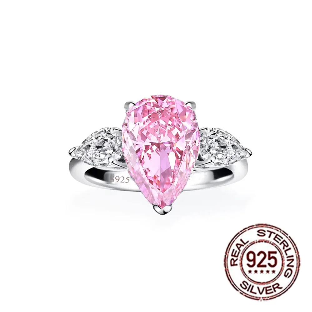 CWWZircons S925 Sterling Silver Waterdrop Cut Pink CZ Ring Three‑Stone Promise Engagement Wedding Statement Ring for Women SR115