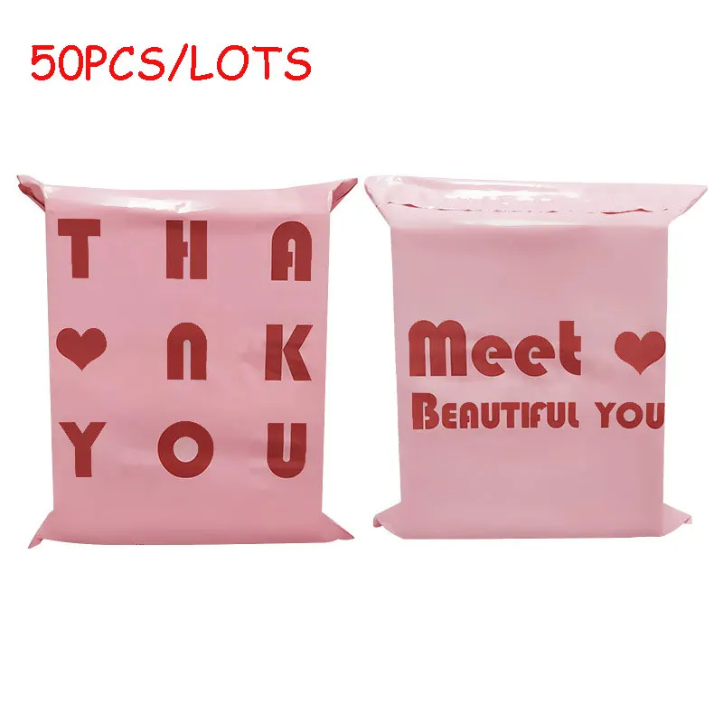 

50Pcs/pack Plastic Mailing Bags THANK YOU Heart Pattern Envelope Courier Bag PE Waterproof Thicken Express Postal Packaging Bags