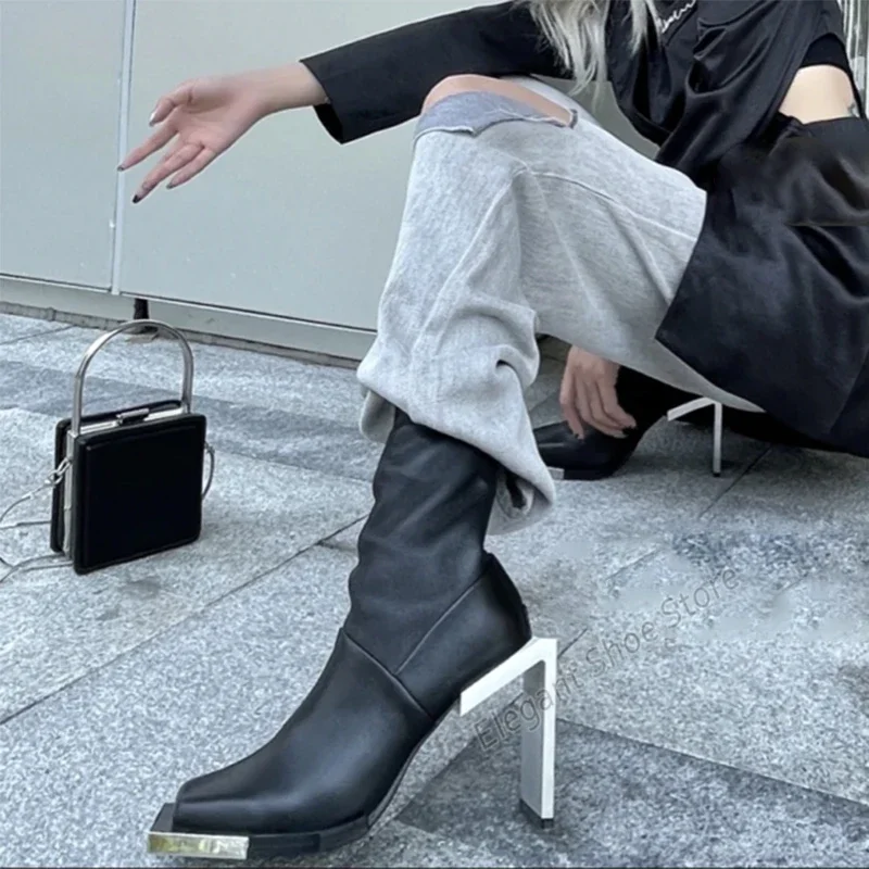 Metal Heel Design Elastic Boots for Women Sexy Square Toe Back Zipper High Heels Fashion Trendy Spring Autumn New Female Shoes