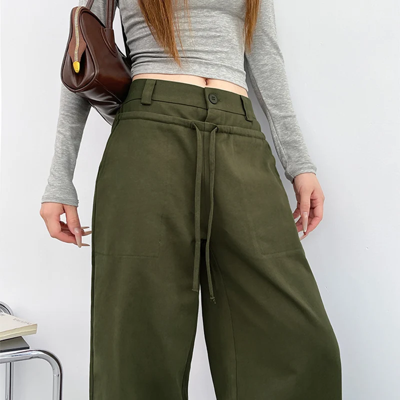 2025 Army Green Wide Leg Jeans for Women American Street Lace-Up Washed Denim Pants Woman Harajuku Fashion Baggy Trousers Female