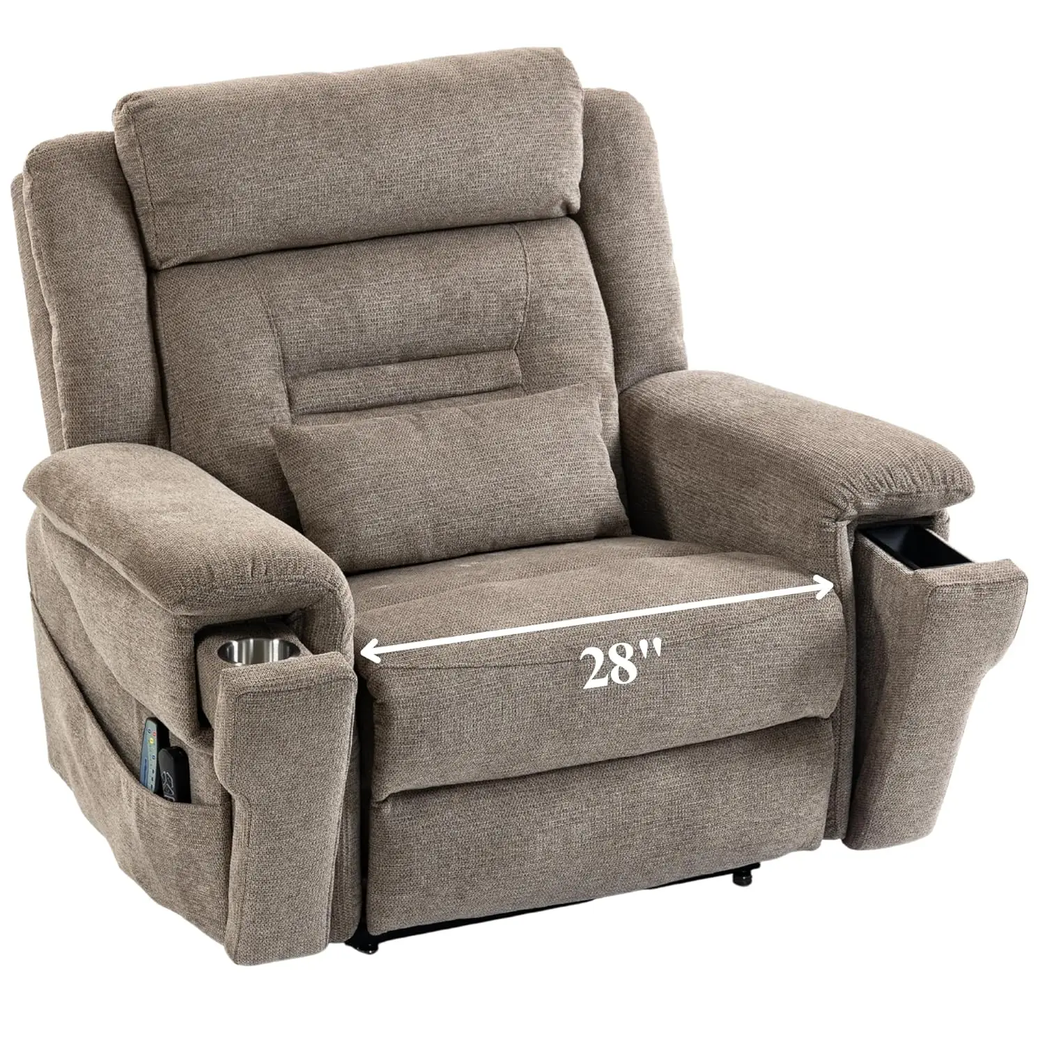

Recliner 28in Wide Seat 400lb Heat Massage Lay Flat Cup Holder USB-C Customized