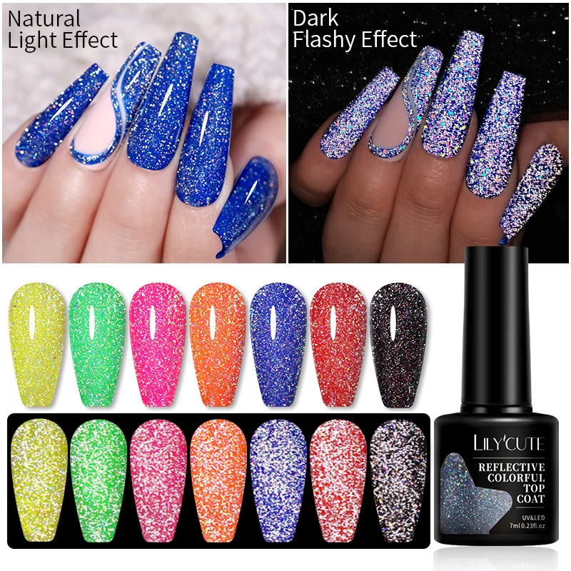 LILYCUTE 7ML Laser Reflective Glitter Gel Nail Polish Sparkling Sequins Top Coat Semi Permanent UV Gel Varnish Nail Art Manicure