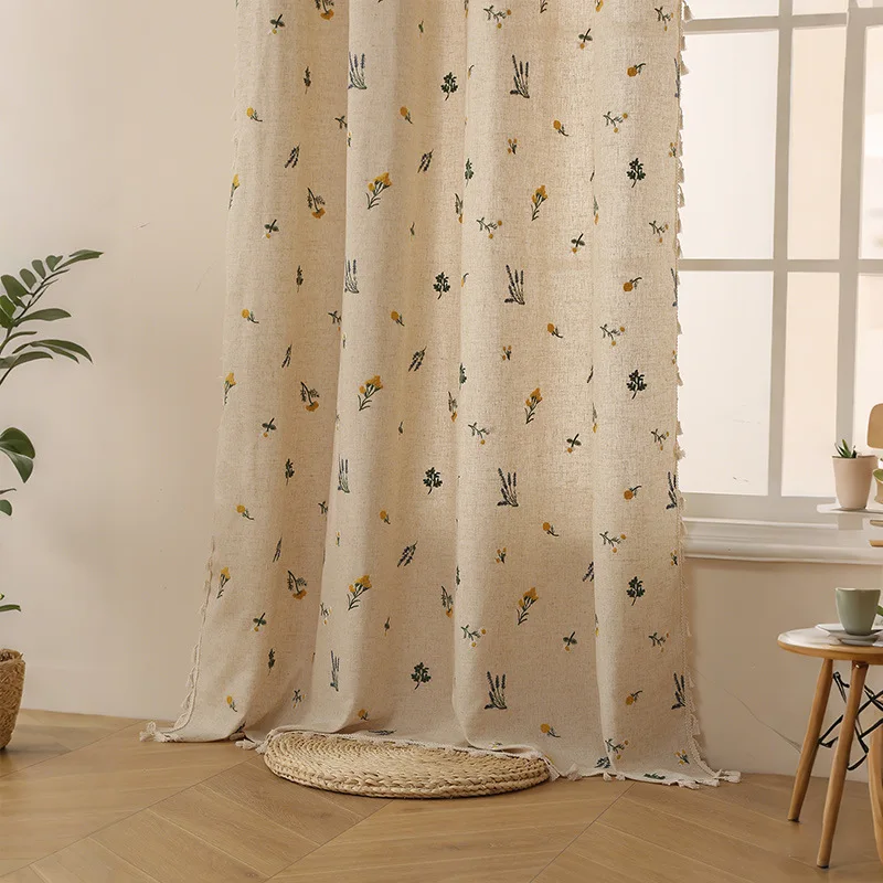 

Boho Curtain Daisy Embroidered Farmhouse Window Treatments Beige Floral Curtain Rod Pocket Light Filtering Living Room Bedroom