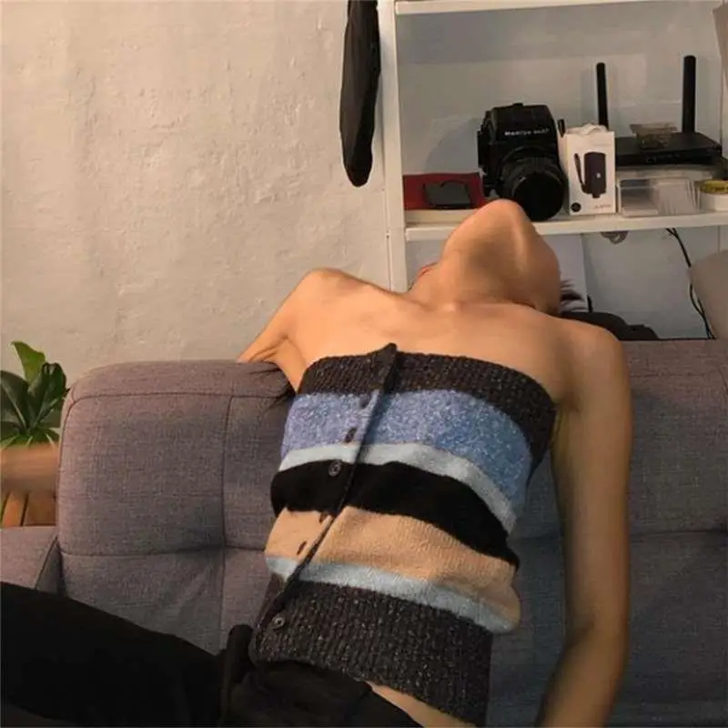 Sommer 2023, sexy gestricktes One-Shoulder-gestreiftes Röhrenoberteil für Damen, Faion-Weste, ort Länge, Streifenmuster, lässige Damenbekleidung
