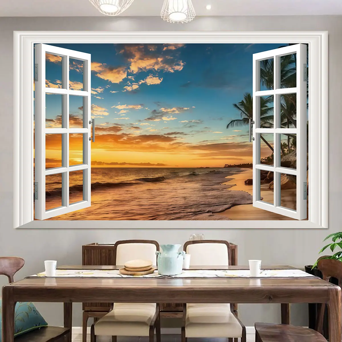 1pc Fake Window Sea View Coconut Grove Dusk Self Adhesive PVC Wall Sticker Living Room Bedroom Home Wall Art Decoration