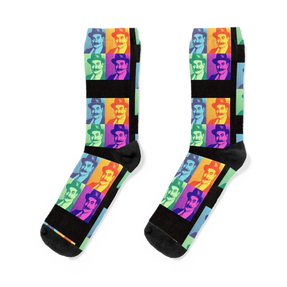 

Poirot Pop Art Colored Hat Mustache Socks winter thermal essential Running hiking Designer Man Socks Women's