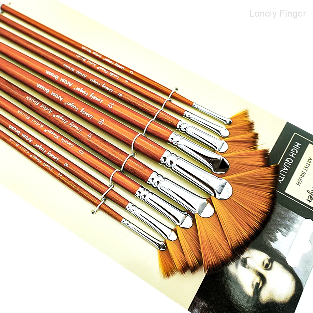 مجموعة فرش طلاء مروحة الفنان مكونة من 9 قطع، أطراف فرشاة مضادة لتساقط الشعر من النايلون، مقبض خشبي لعقد مريح، أكريليك O #1