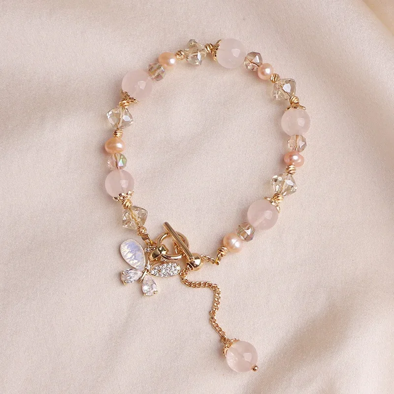 Natural Rose Quartz Crystal Freshwater Pearls Women's Beaded Bracelets Zircon Butterfly Pendant OT Buckle Bangles Female YBR1257