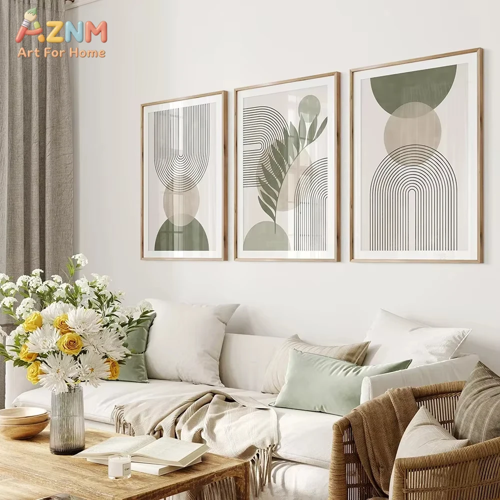 1pc/3pcs Green Botanical Abstract Boho Geometry Wall Art Canvas Painting Nordic Posters And Prints Wall Living Room Decor