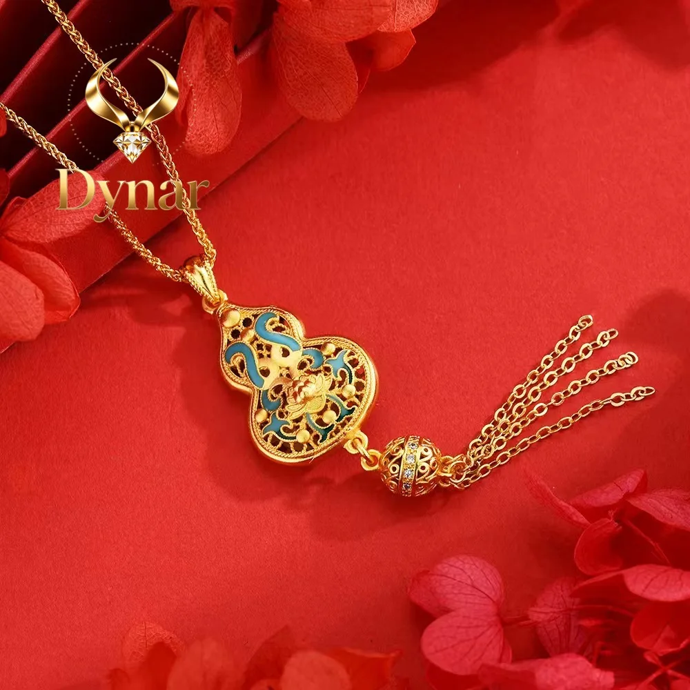 

Dynar Jewelry 24K real gold Chinese style diamond inlaid with Miaolian Fulu tassel enamel au999 pure gold gourd pendant necklac